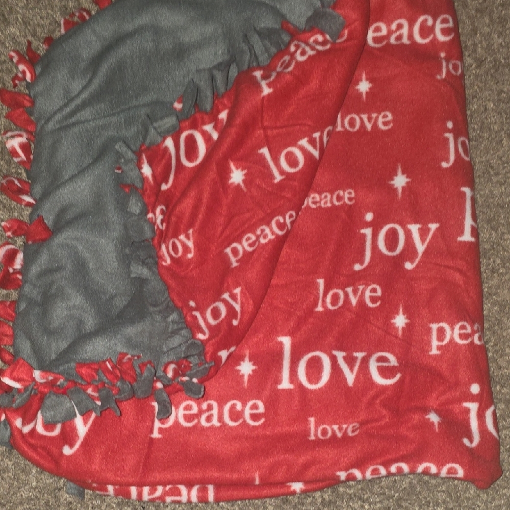 Handmade Tied Red and Gray Fleece Blanket with Joy and Love Print